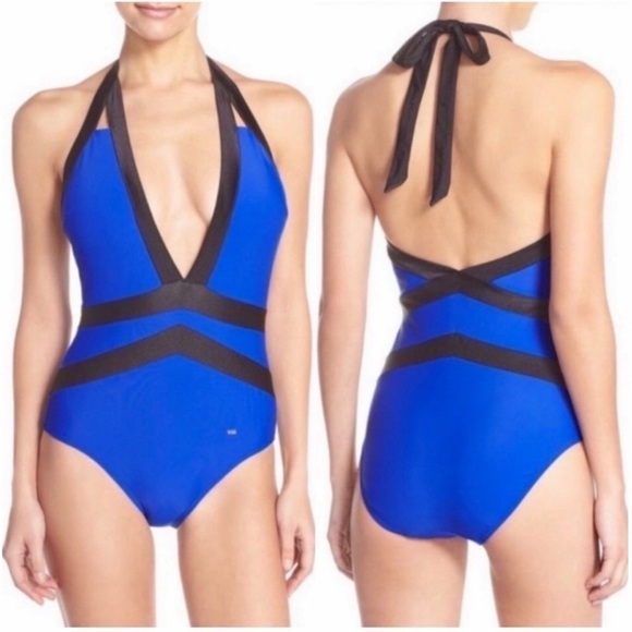 NEW NWT TED BAKER Ralinda halter one piece swimsuit size 12 cobalt blue plunge - Picture 2 of 10